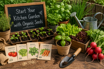 Organic vegetable seeds being planted in a small home kitchen garden with fresh seedlings