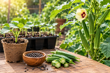 How to grow okra bhindi from seed with young seedlings, okra pods, flowers, and seeds
