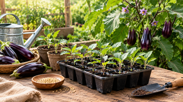 How to grow brinjal eggplant from seed with seedlings, eggplant seeds, flowers, and mature purple fruit