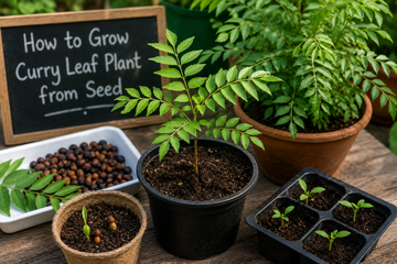 Young curry leaf plant seedlings growing from seeds in pots