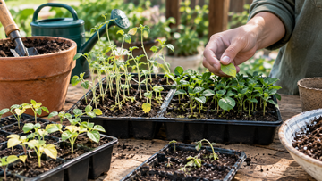 Gardener inspecting yellowing and leggy seedlings in seed trays to identify common seedling growth problems.