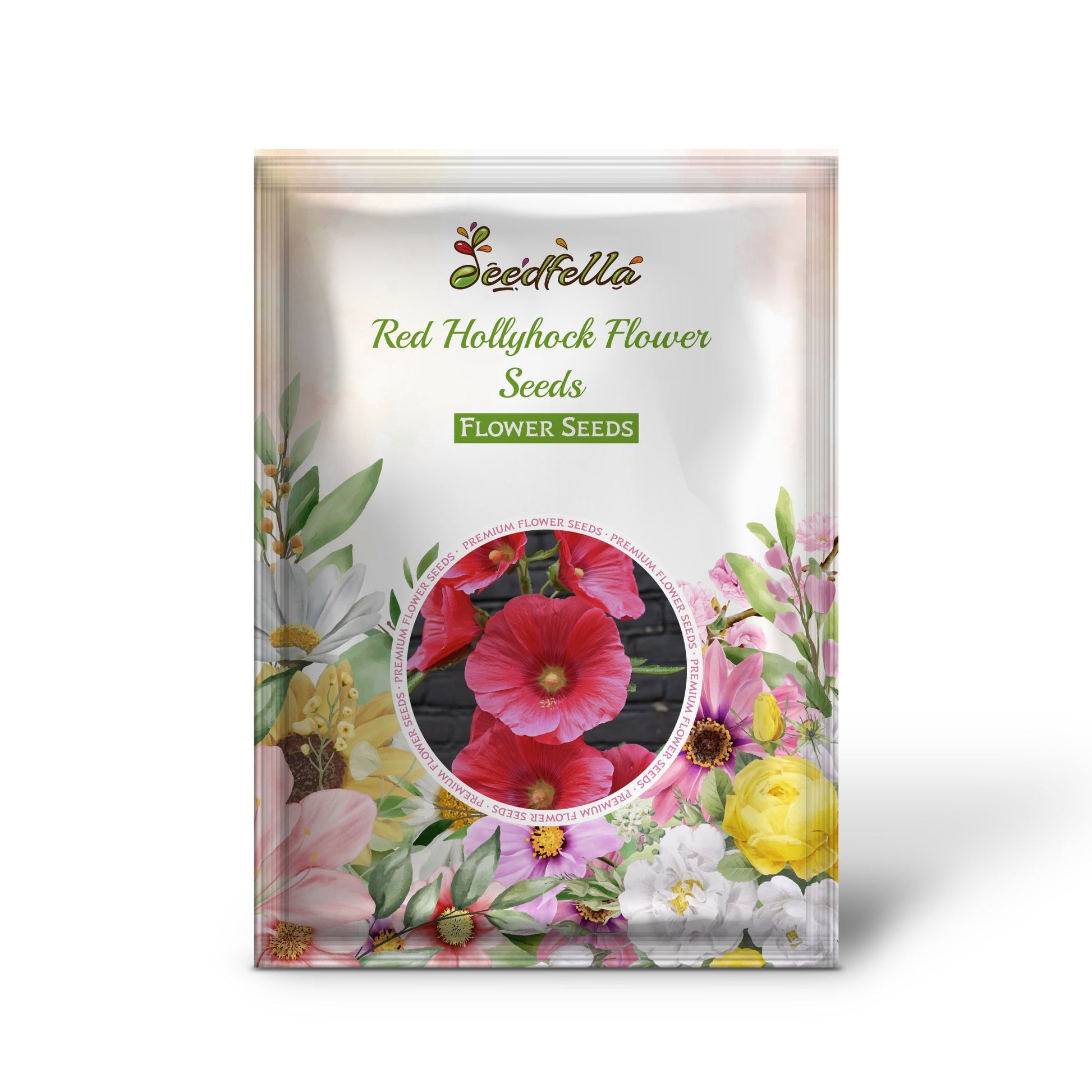 Red hollyhock flowers blooming in garden