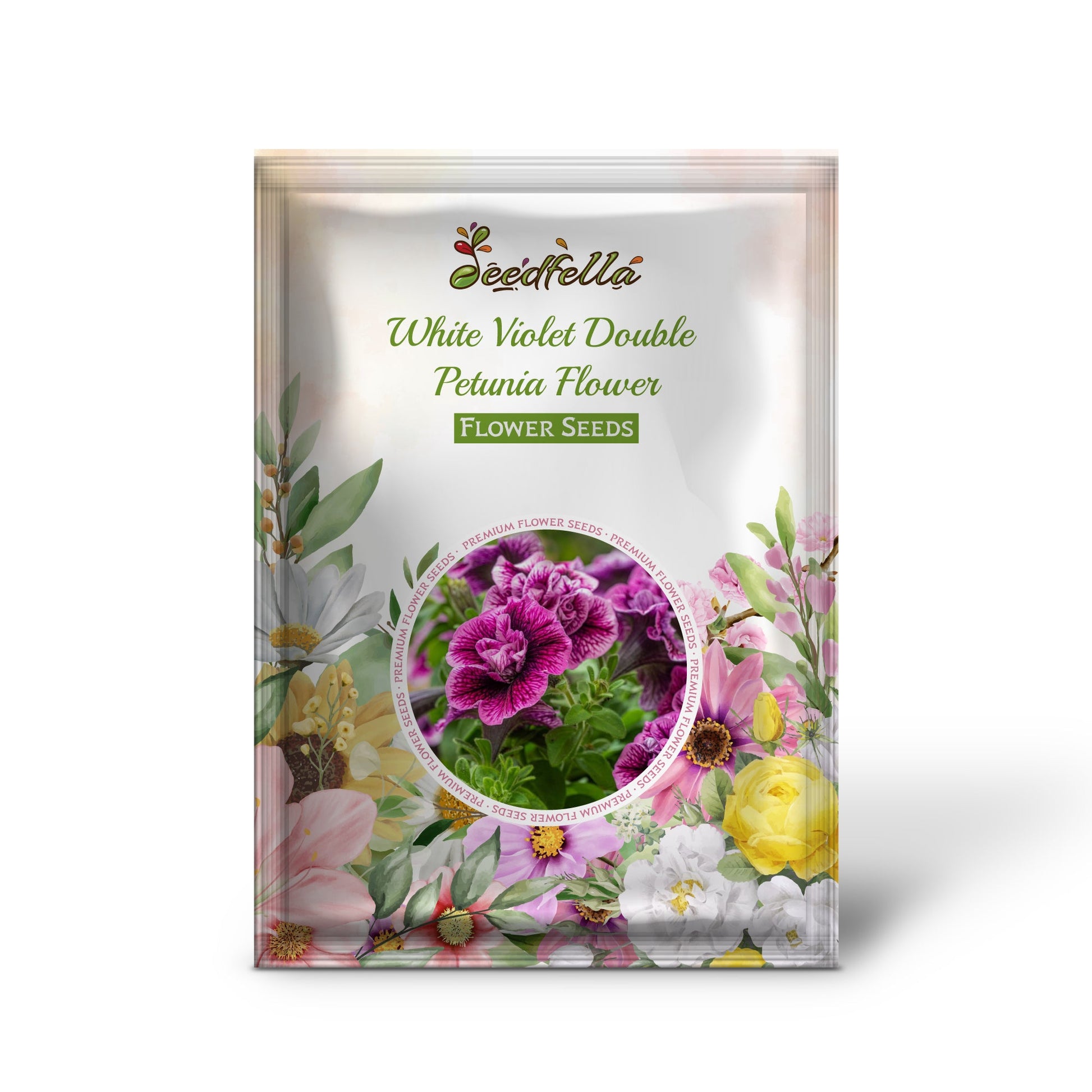 White Violet Double Petunia flowers blooming in garden